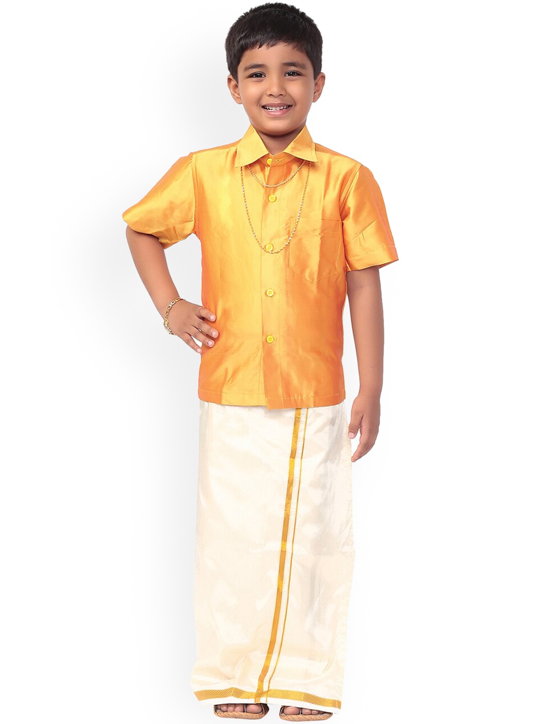 

Thangamagan Boys Mustard Yellow & White Solid Shirt and Veshti