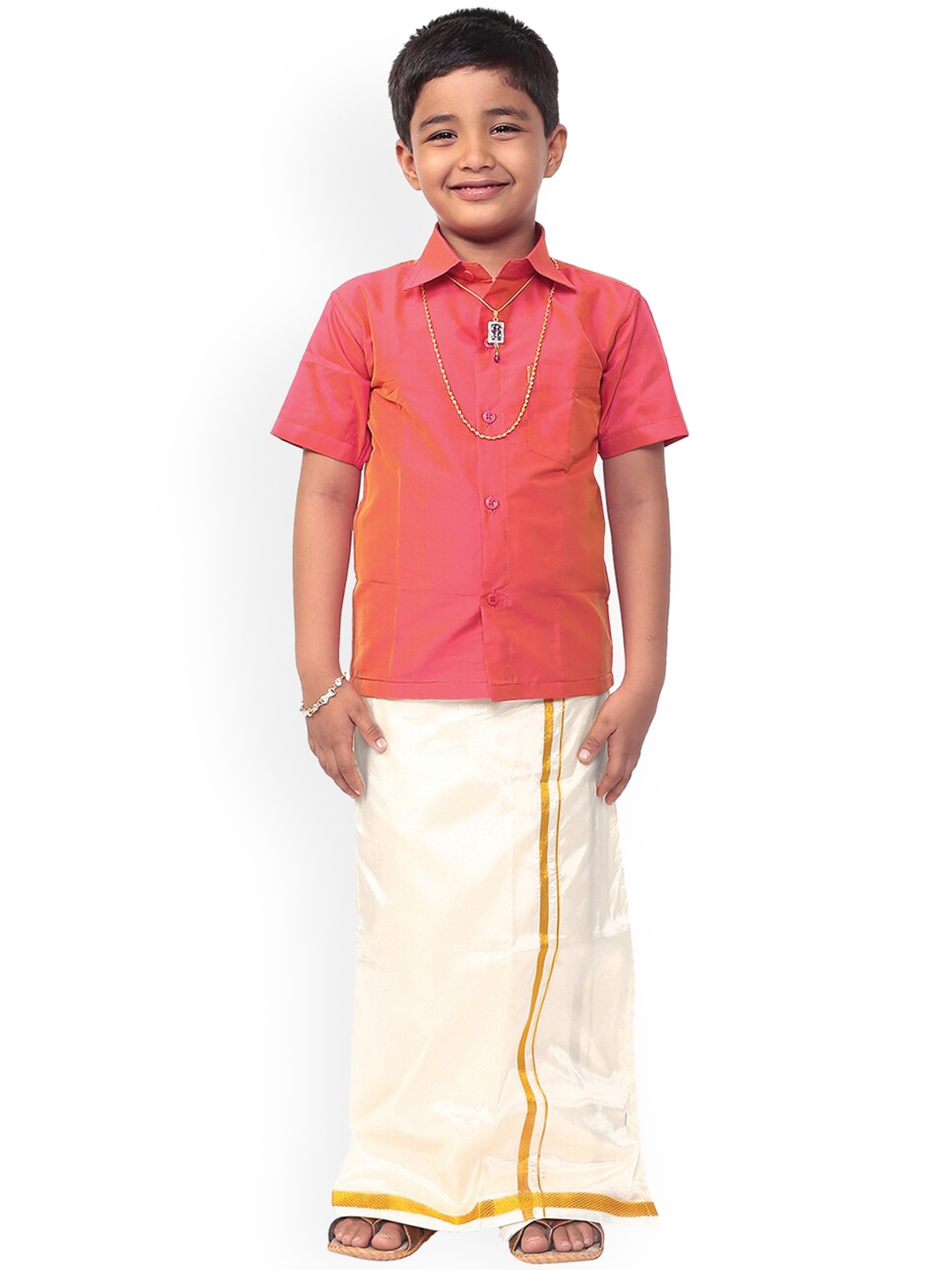 

Thangamagan Boys Pink & Off-White Solid Shirt and Veshti