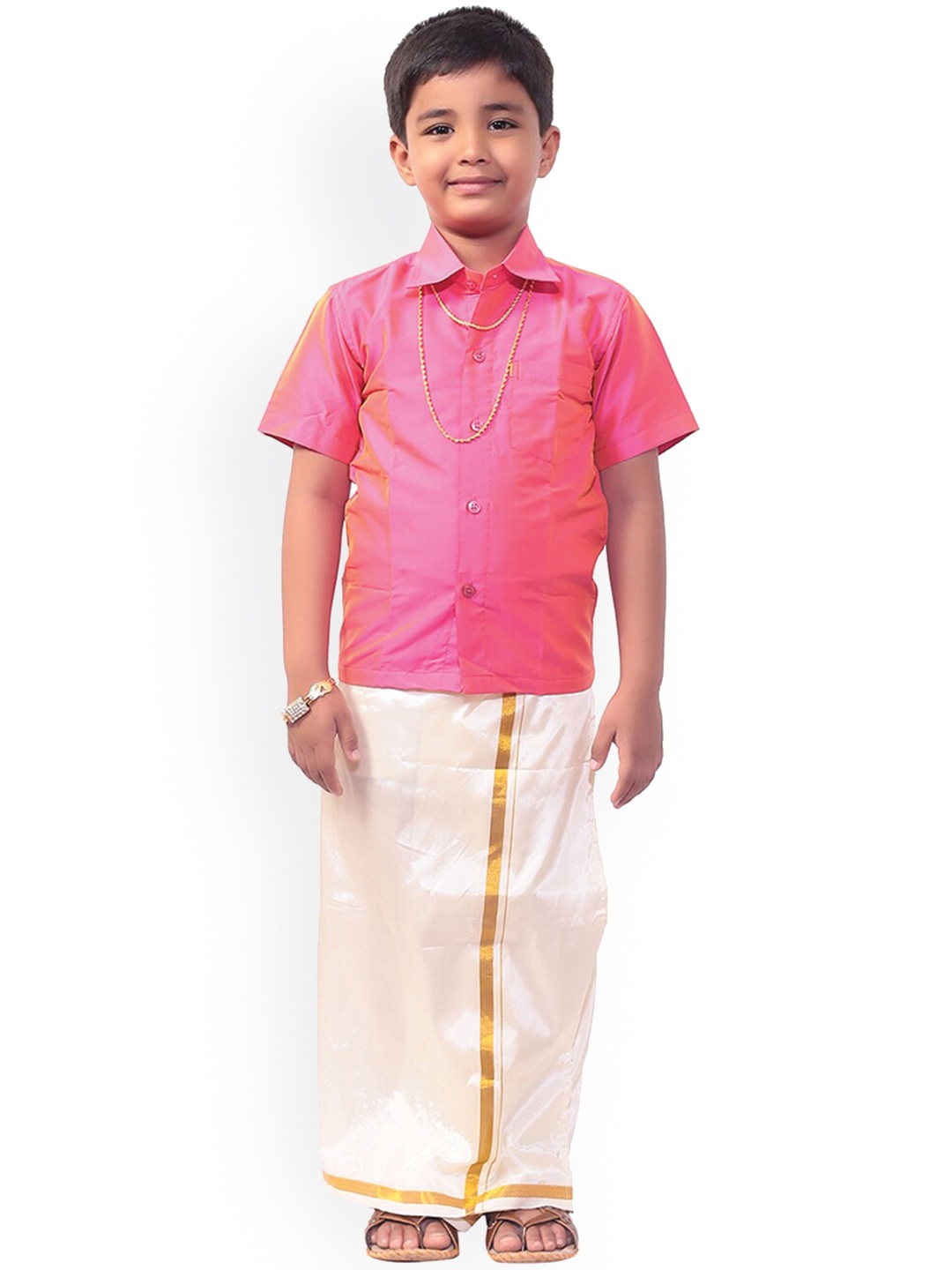 

Thala-thalapathy Boys Pink Solid Shirt With Off-White Veshti & Towel With Gift Set