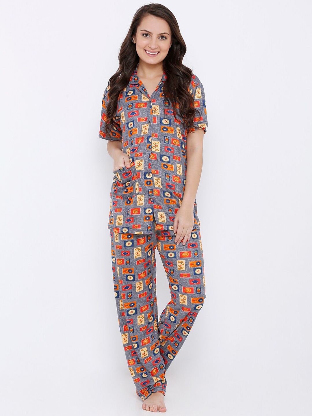 

Pretty Awesome Women Grey & Red Printed Sustainable Night Suit