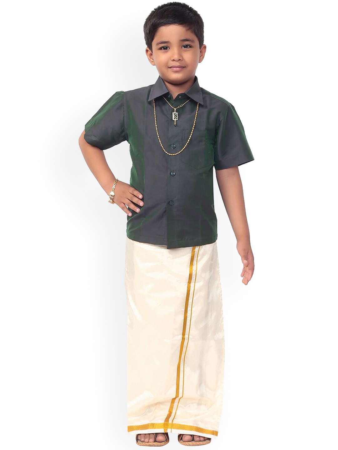 Thangamagan Boys Teal Green & White Solid Shirt and Veshti