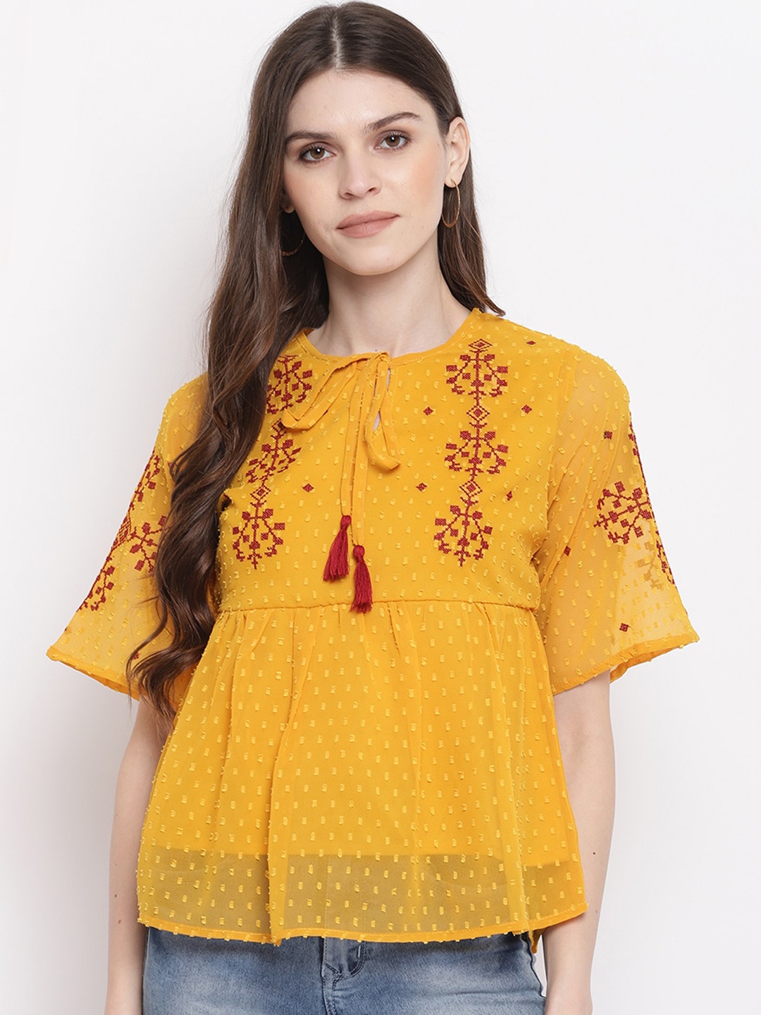 

Mayra Women Yellow Self Design A-Line Top