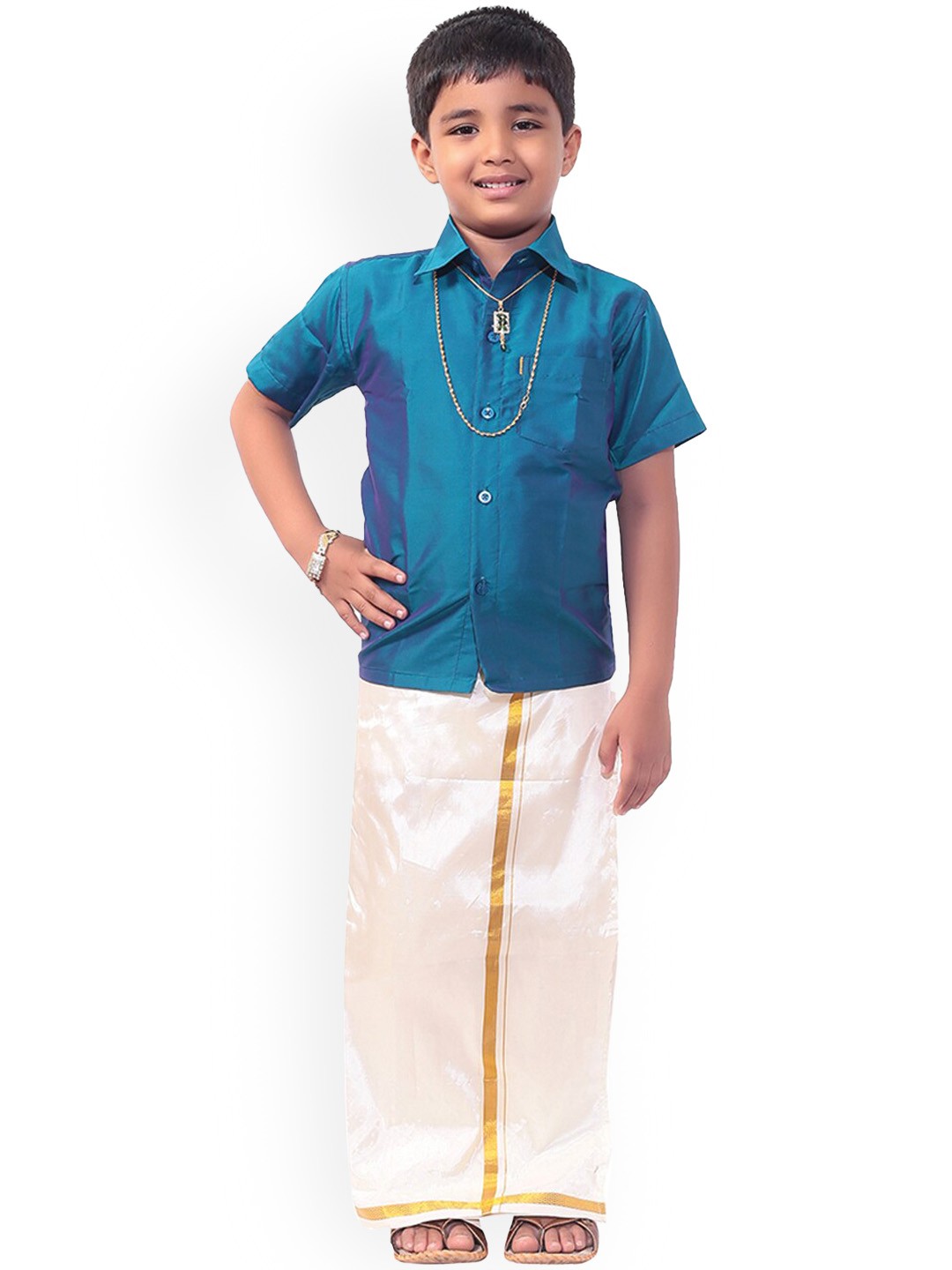 

Thala-thalapathy Boys Blue & Off-White Solid Shirt with Veshti & Gift