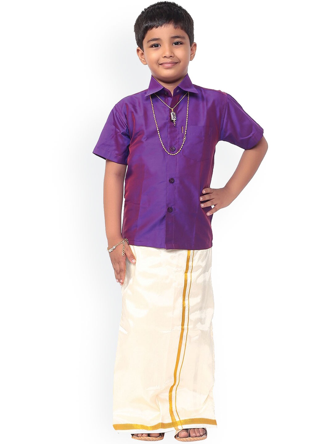 

Thala-thalapathy Boys Purple & Off-White Solid Shirt and Veshti