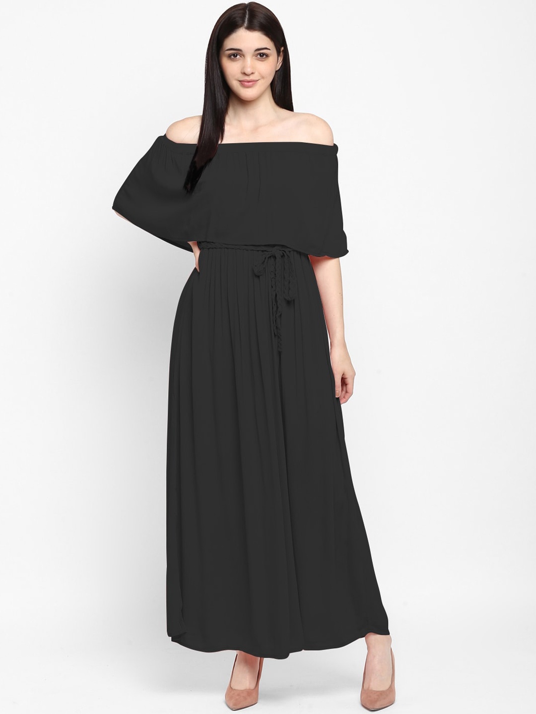 

Aditi Wasan Black Off-Shoulder Layered Empire Maxi Dress