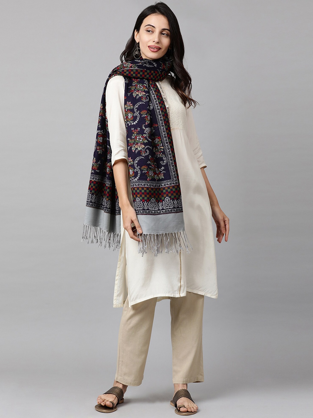 

Indo Era Navy Blue & Red Woven Design Dupatta