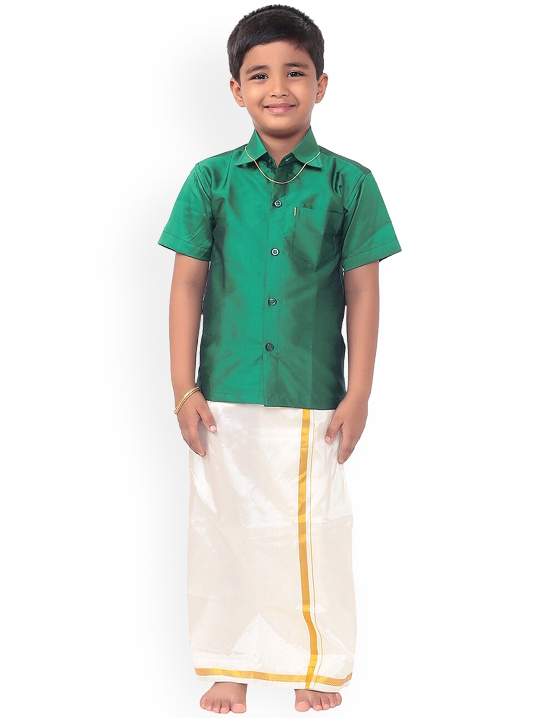 

Thala-thalapathy Boys Green & Cream Coloured Shirt and Veshti With Gift