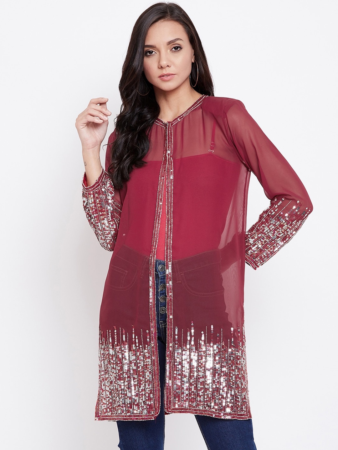 

LE BOURGEOIS Women Maroon Embellished Longline Shrug