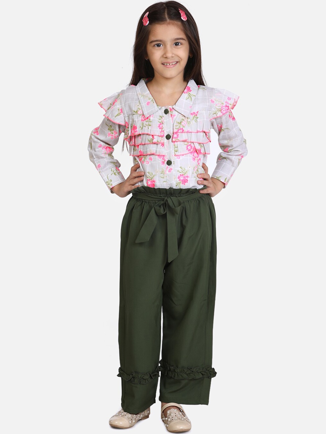 

Cutiekins Girls White & Green Printed Shirt with Solid Palazzos