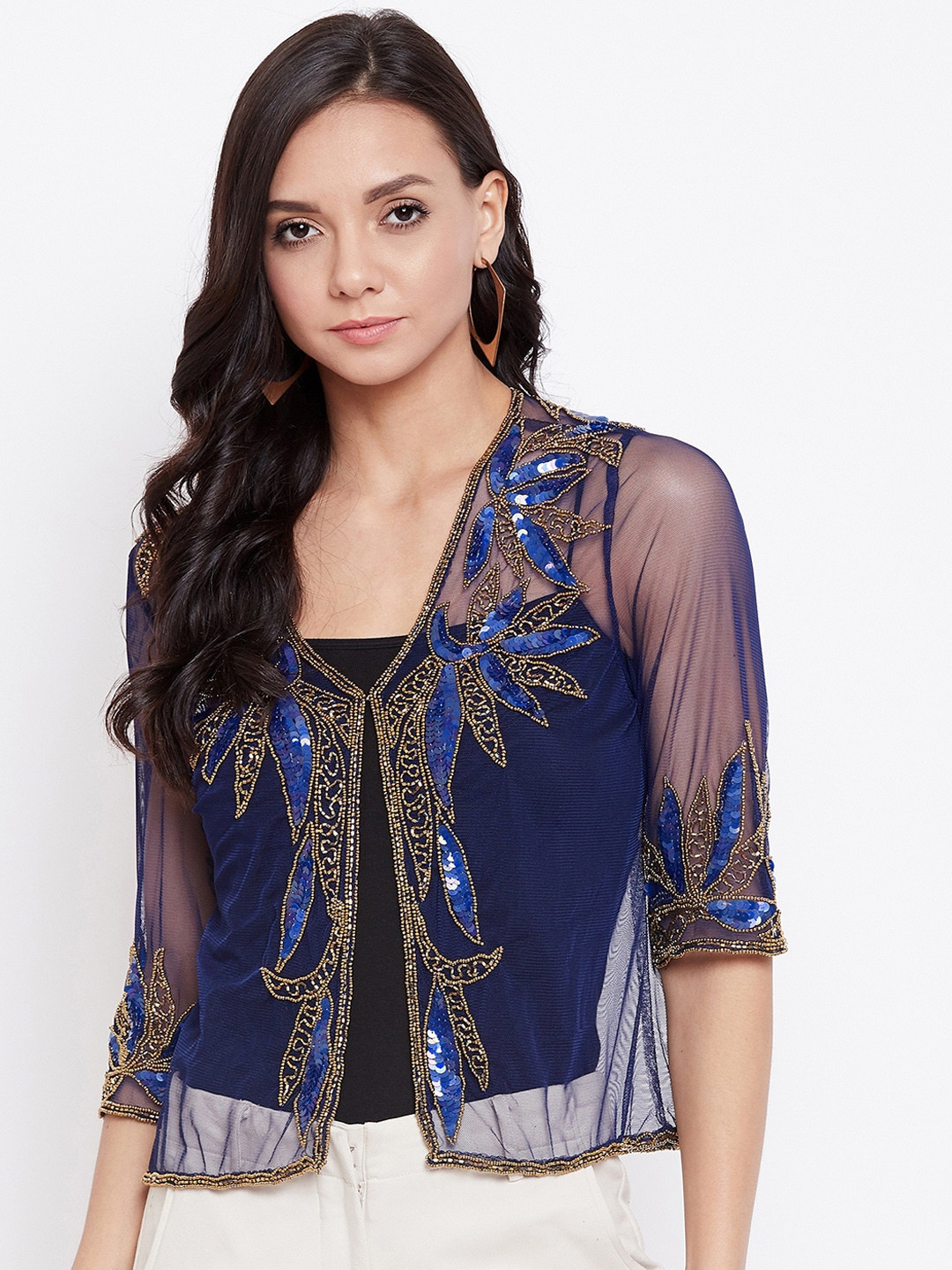 

LE BOURGEOIS Women Navy Blue Embellished Sheer Open-Front Shrug