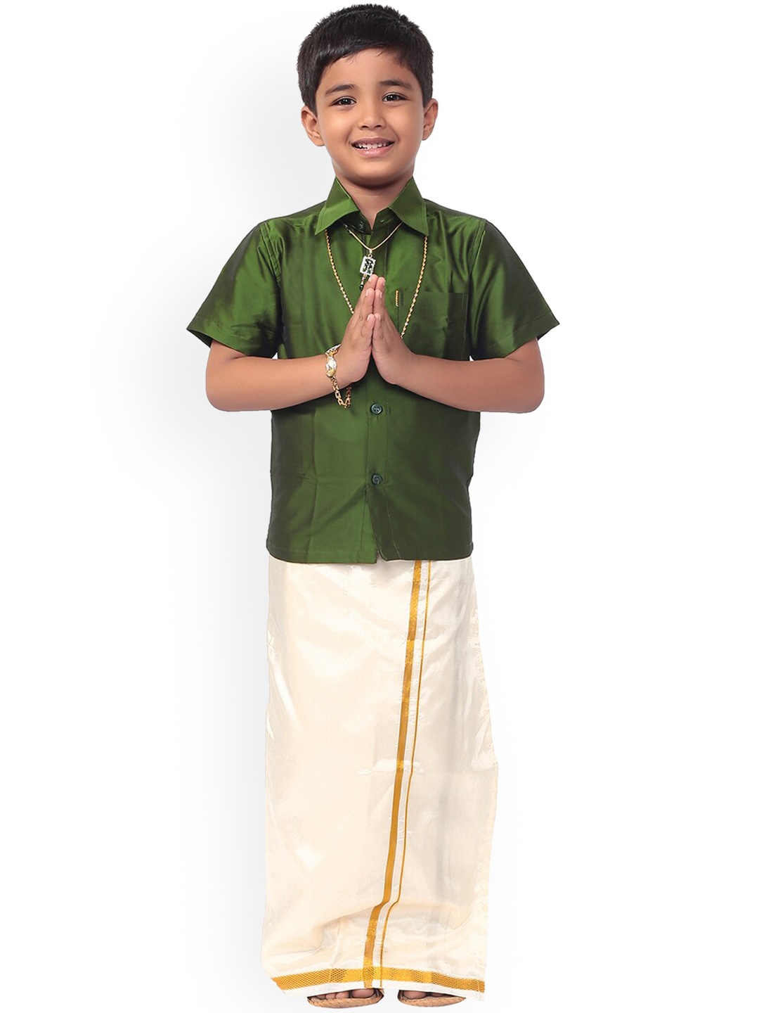 Thangamagan Boys Green & White Solid Shirt and Veshti