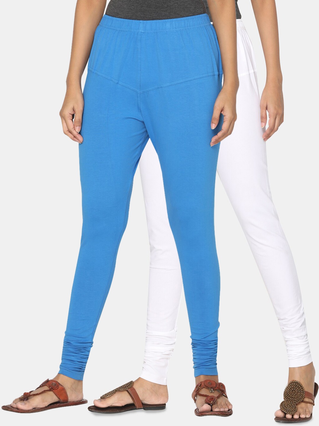 

TSG Bliss Women Pack Of 2 White & Blue Solid Churidar-Length Leggings
