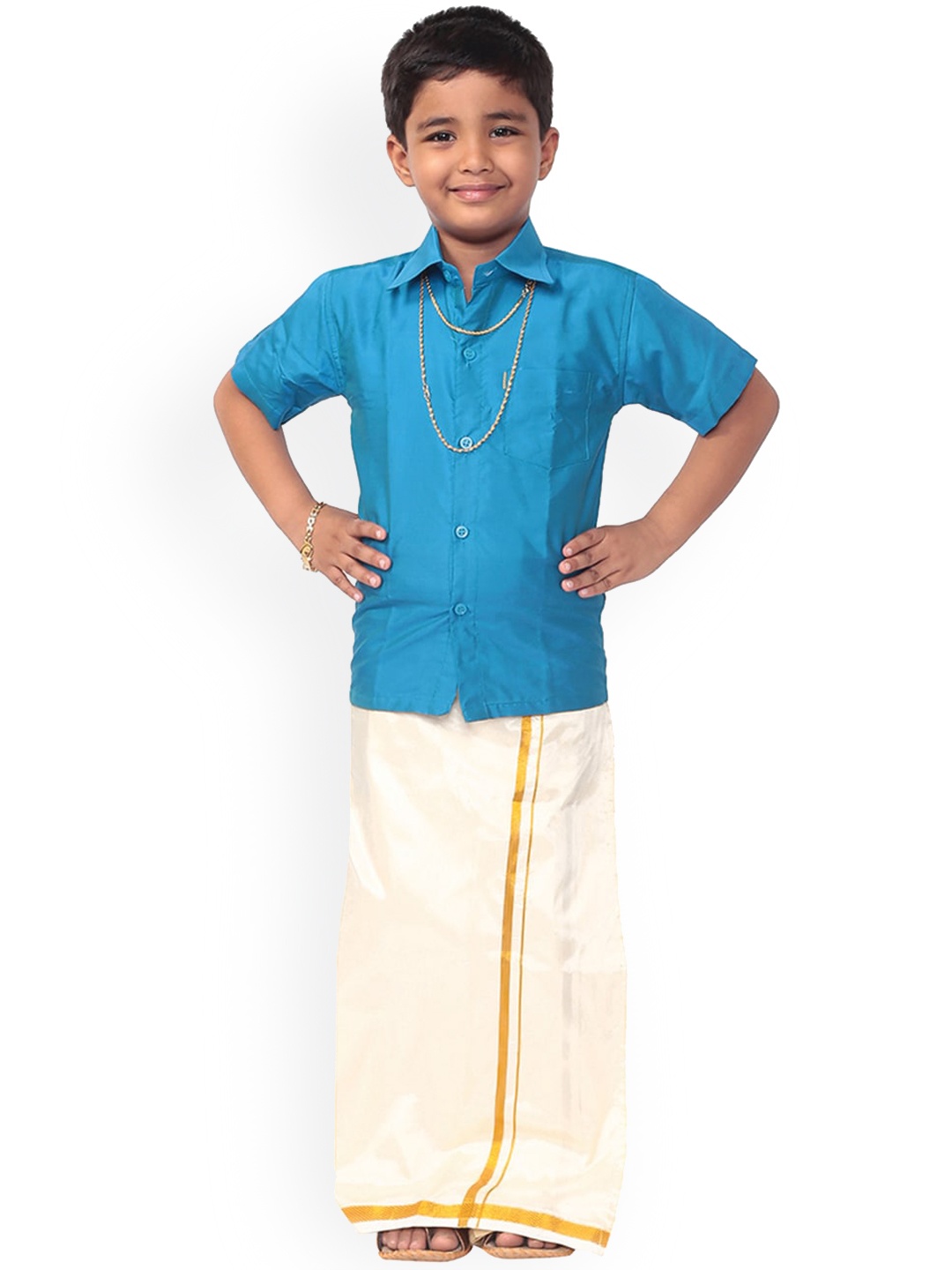 

Thangamagan Boys Blue & Cream Coloured Solid Shirt and Veshti