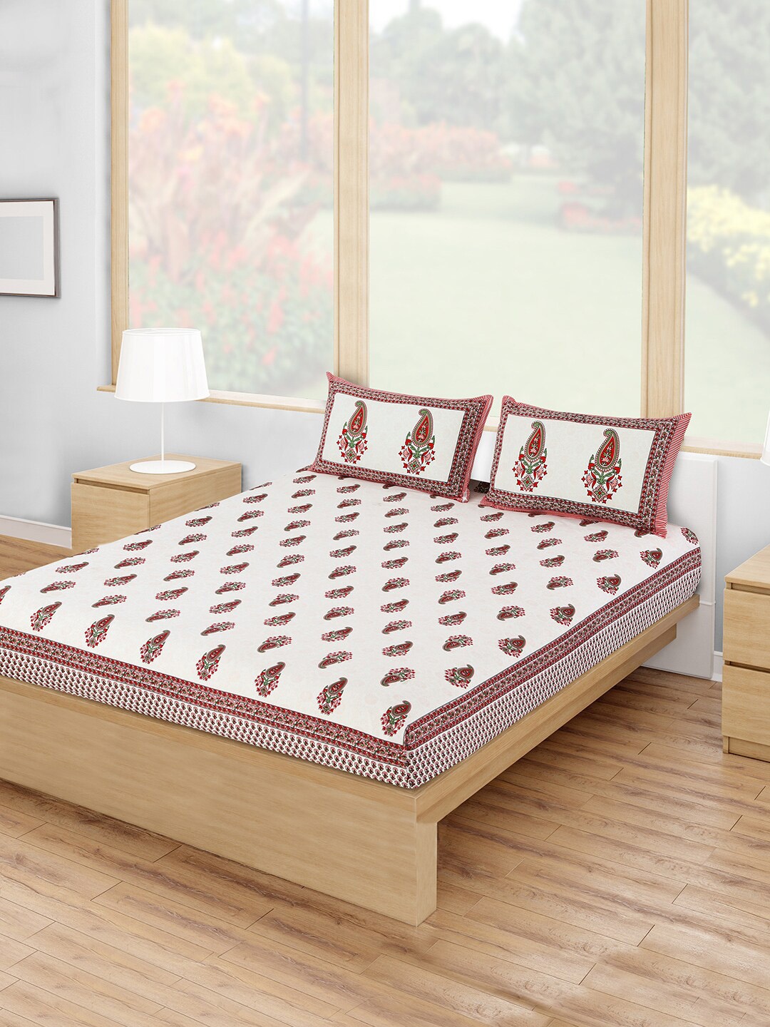 Salona Bichona White & Red Ethnic Motifs 120 TC Cotton 1 Queen Bedsheet With 2 Pillow Covers