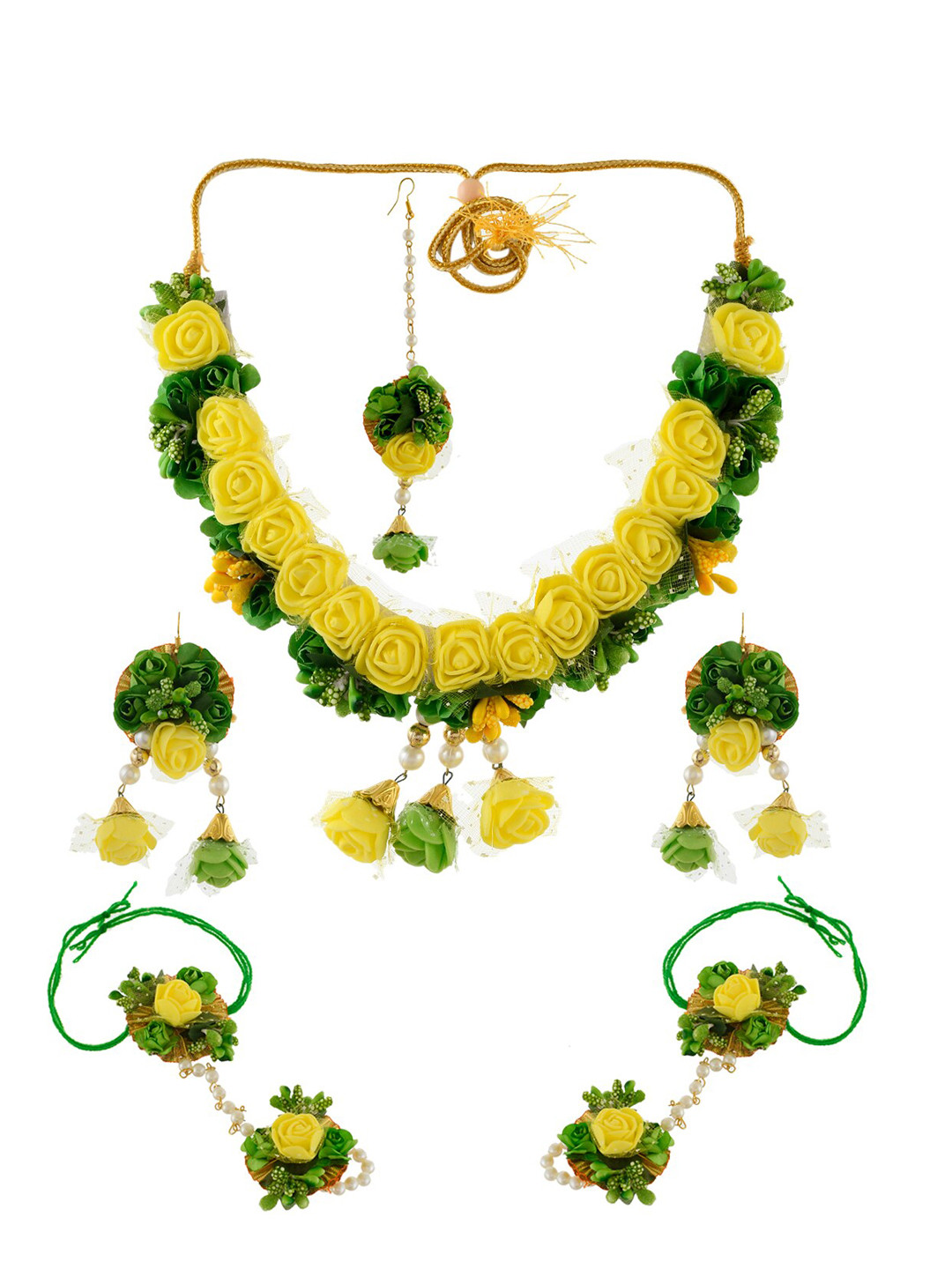 

Silvermerc Designs Gold-Plated Yellow & Green Pearl Gota Patti Flower Jewellery Set