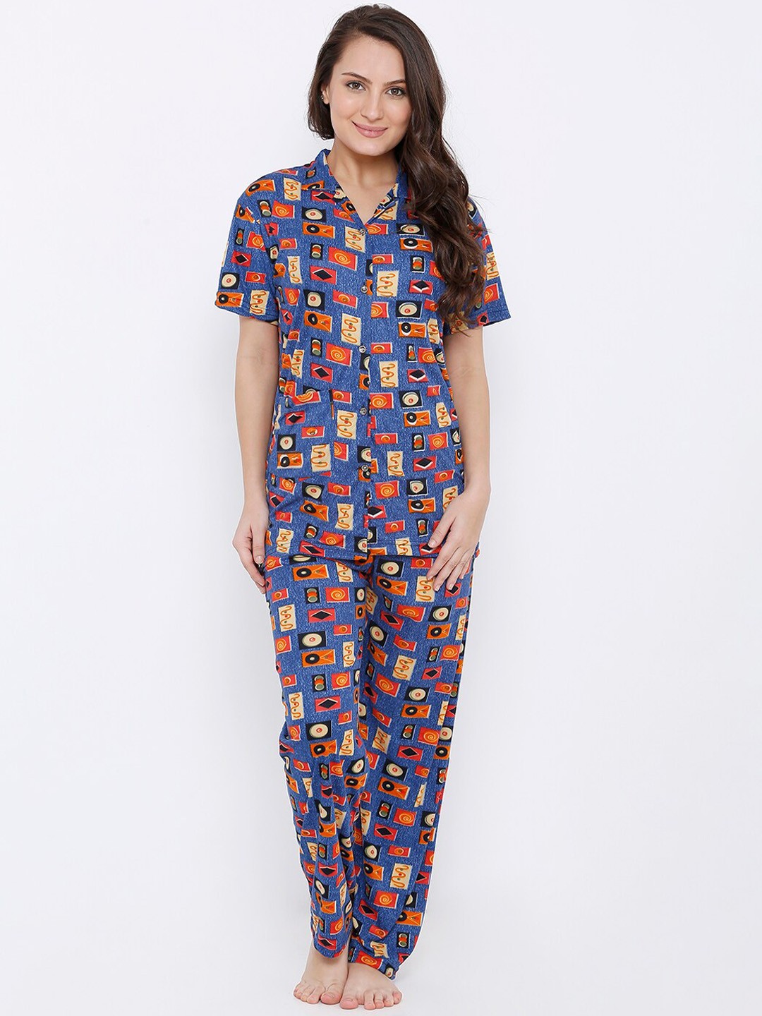 

Pretty Awesome Women Blue & Red Printed Sustainable Night Suit
