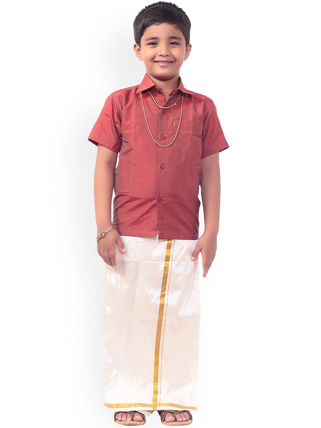 

Thala-thalapathy Boys Coral Red & White Solid Shirt and Veshti With Gift Set