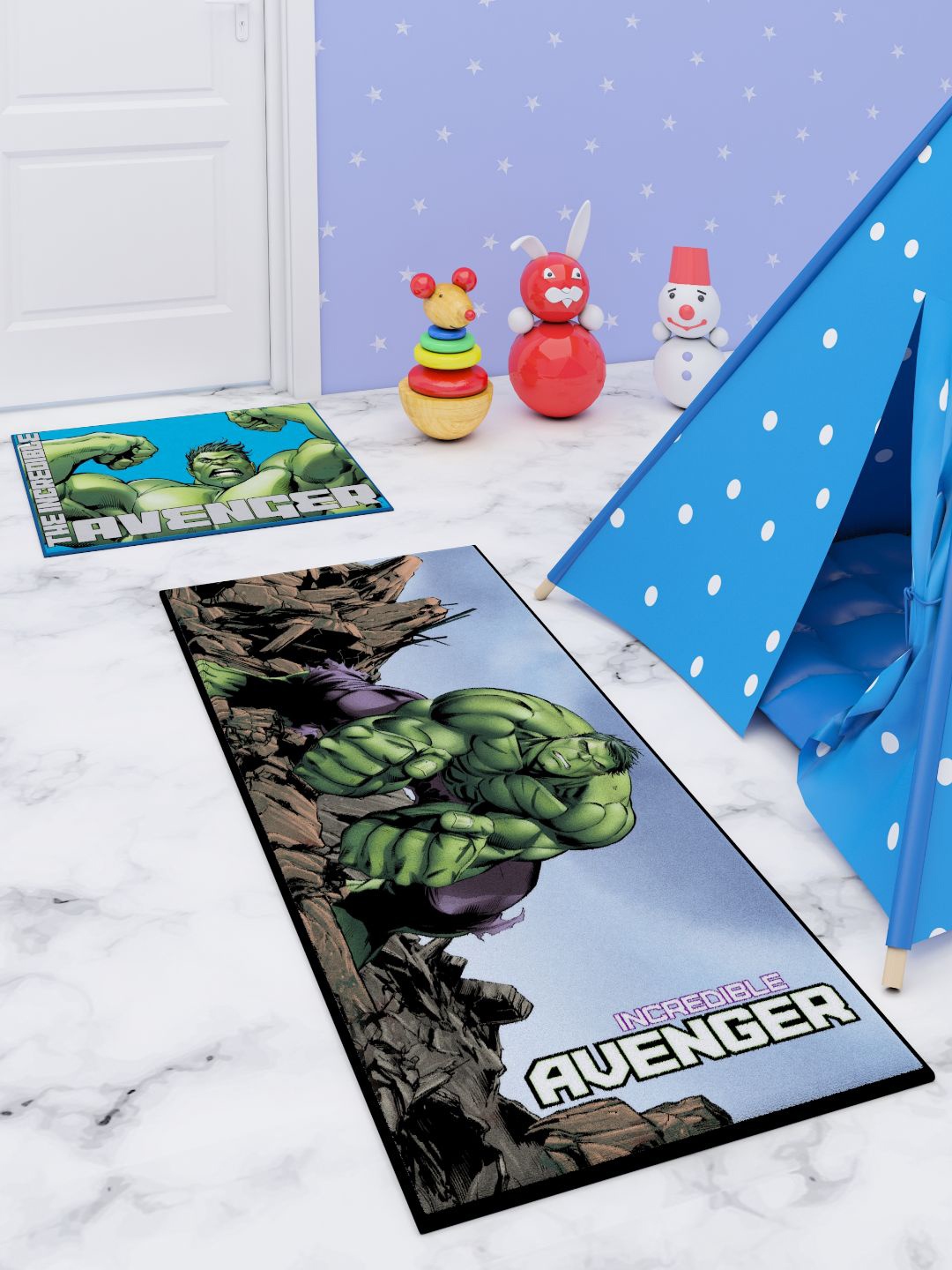 Marvel Set Of 2 Blue & Green Printed Premium Runner Carpet & Doormat