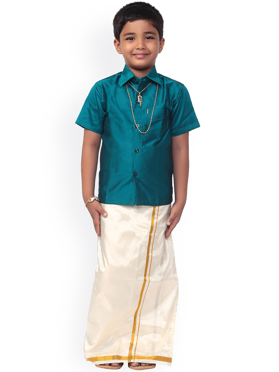 

Thala-thalapathy Boys Blue & Off-White Solid Shirt with Veshti & Towel With Gift Set