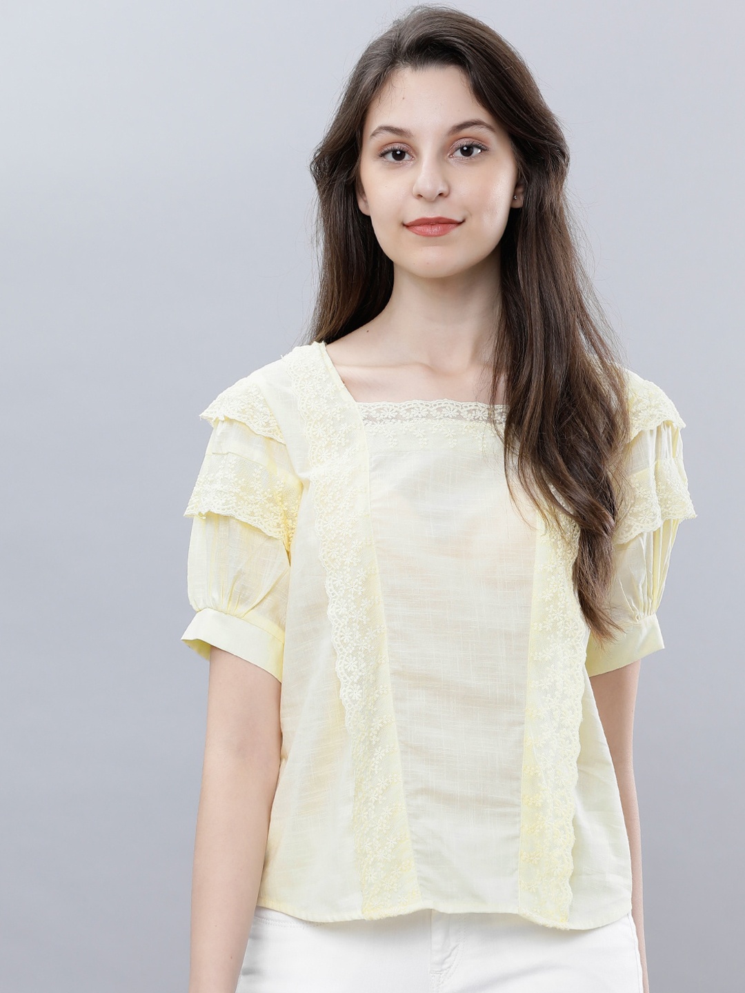 

Tokyo Talkies Women Yellow Self Design Pure Cotton Top