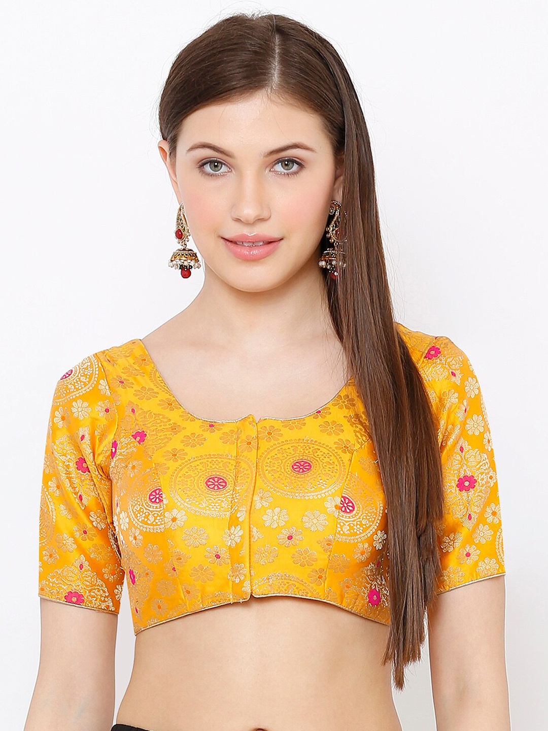 

SALWAR STUDIO Women Yellow & Gold-Toned Woven-Design Brocade Padded Saree Blouse