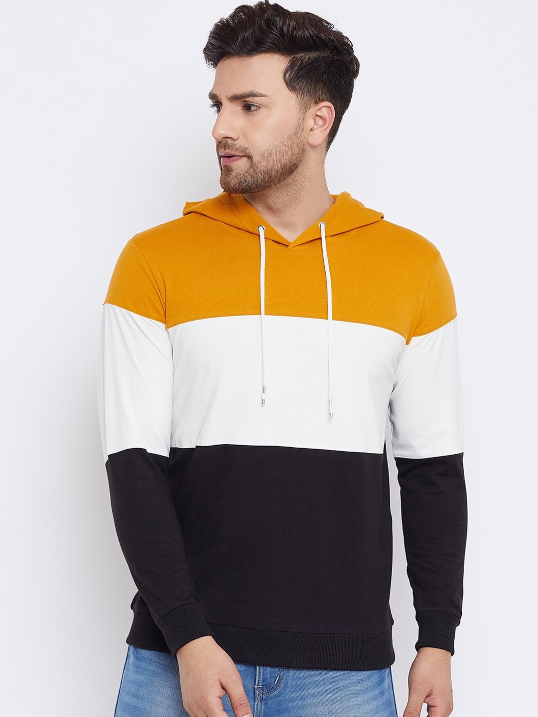 

Bishop Cotton Men Mustard Yellow & White Striped Hood T-shirt