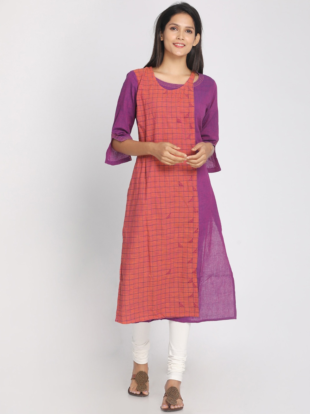 

Nakshi Women Purple & Orange Colourblocked A-Line Kurta