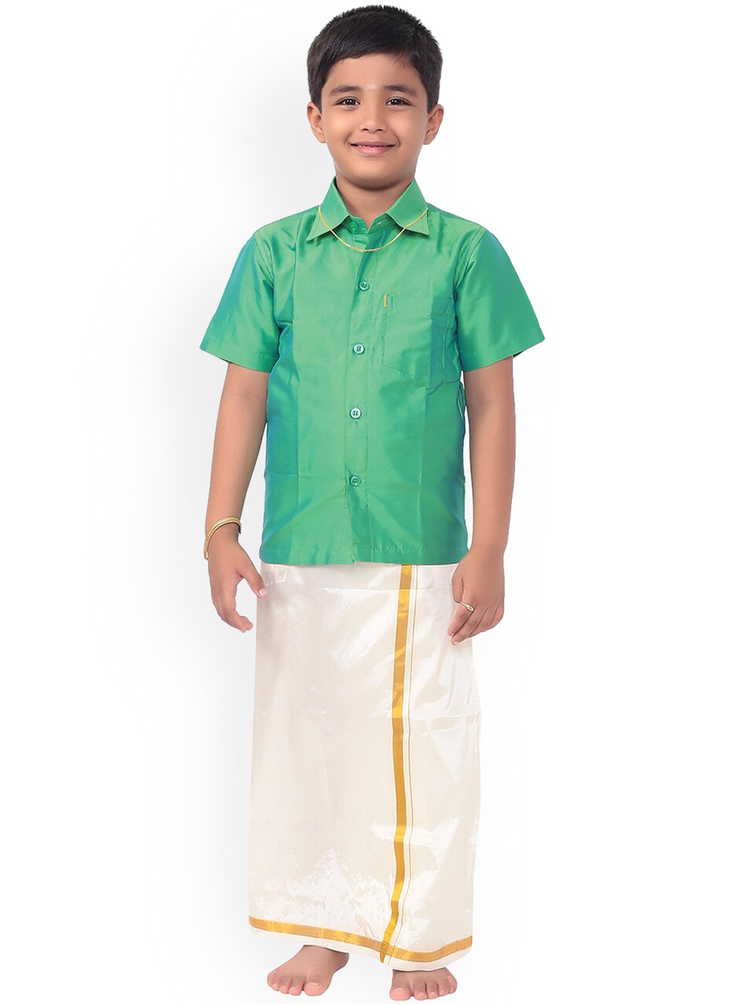 

Thala-thalapathy Boys Green & White Solid Shirt and Veshti