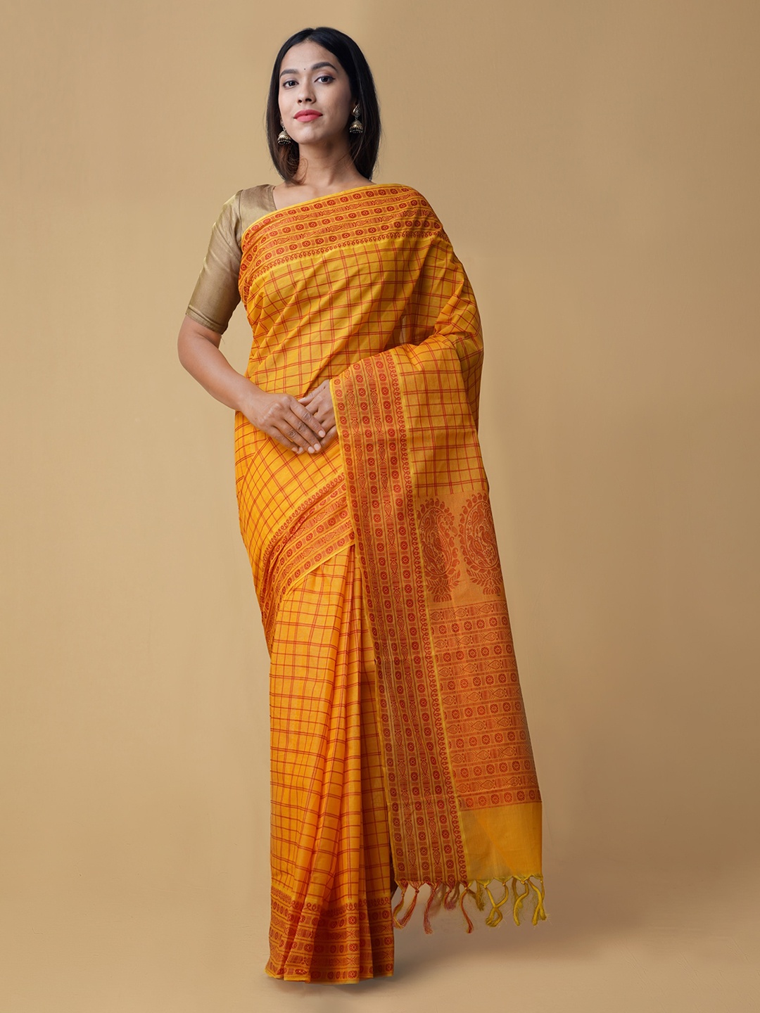 

Unnati Silks Yellow Checked Mysore Silk Saree
