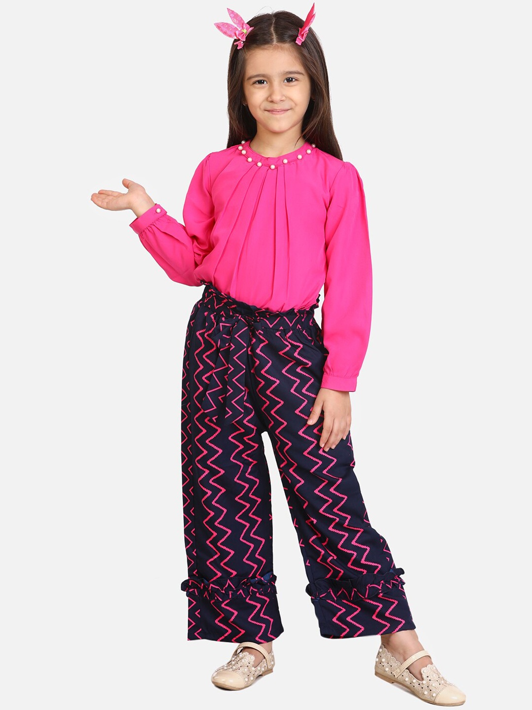 

Cutiekins Girls Pink & Navy Blue Solid Top with Printed Palazzos