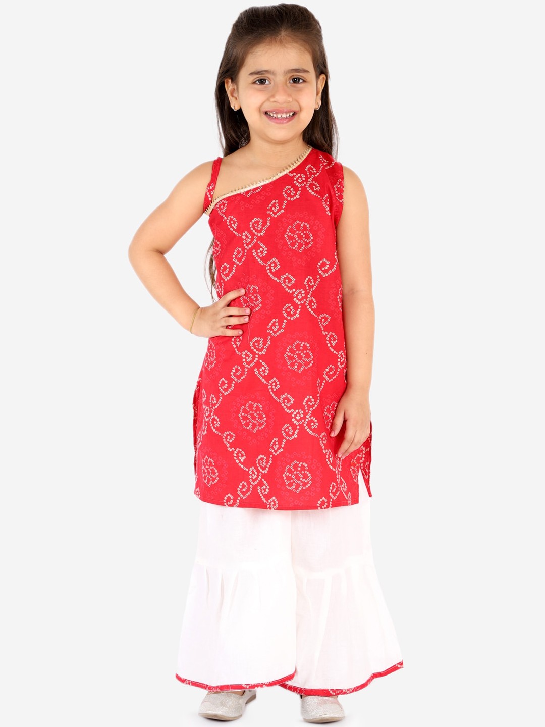 

Chipbeys Girls Red & White Printed Kurti with Palazzos