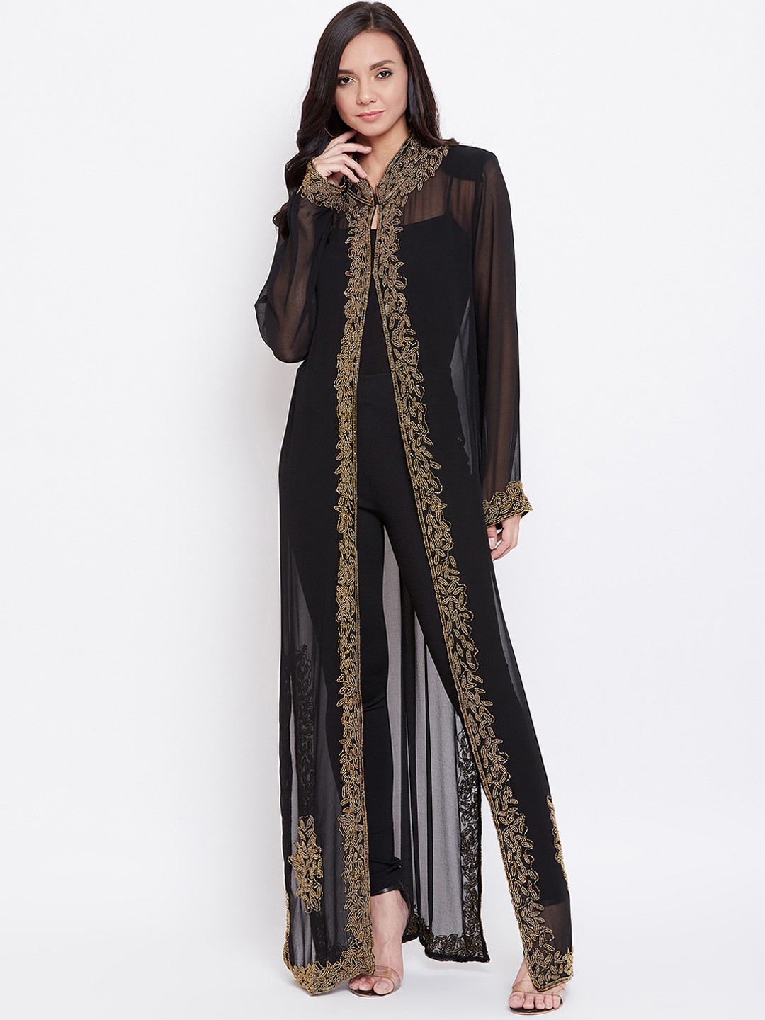 

LE BOURGEOIS Women Black Embellished Open-Front Partywear Longline Shrug