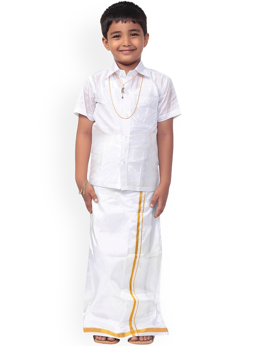 

Thala-thalapathy Boys White & Gold-Coloured Solid Shirt and Veshti With Gift Set