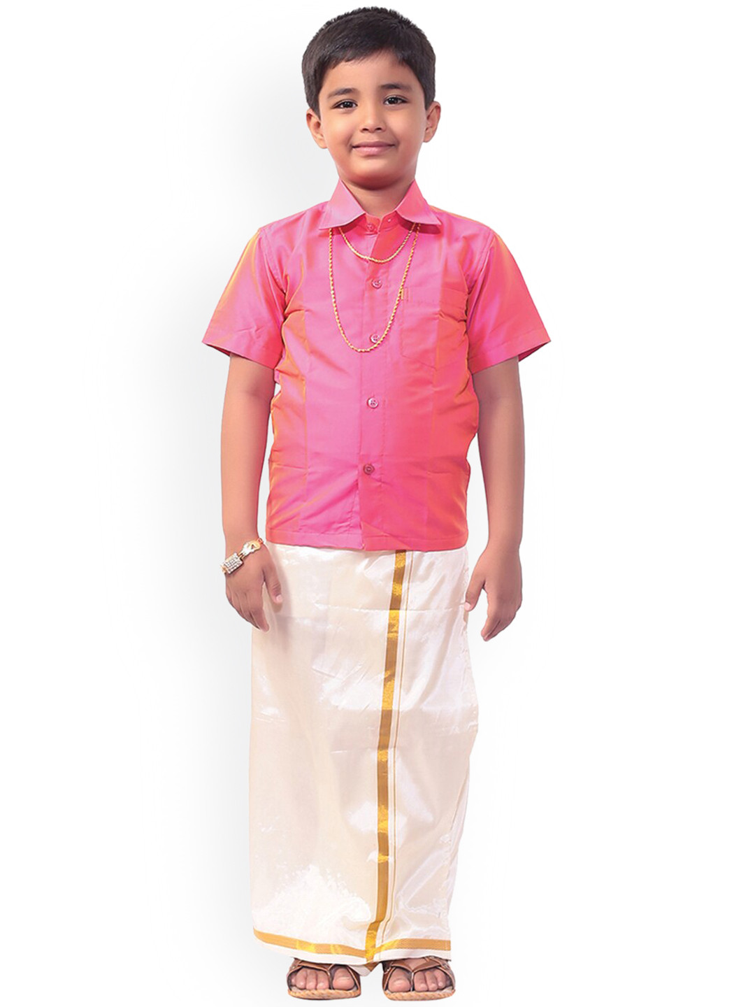 

Thangamagan Boys Pink & White Solid Shirt and Veshti