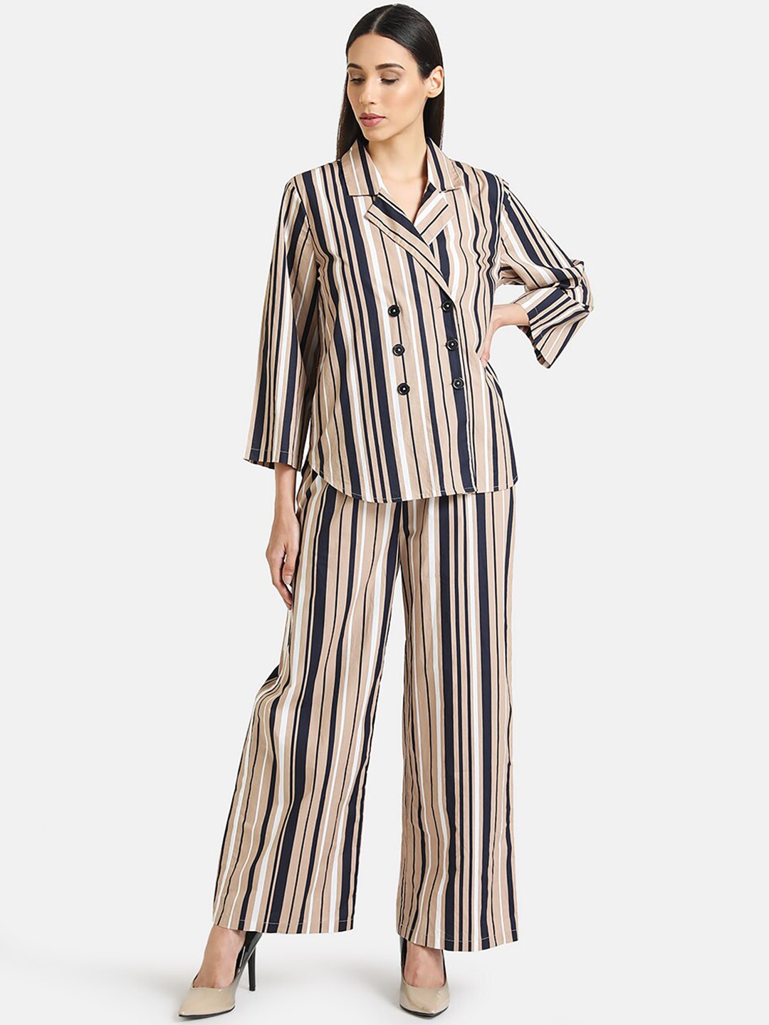 

Kazo Women Beige & Black Striped Shirt With Trousers
