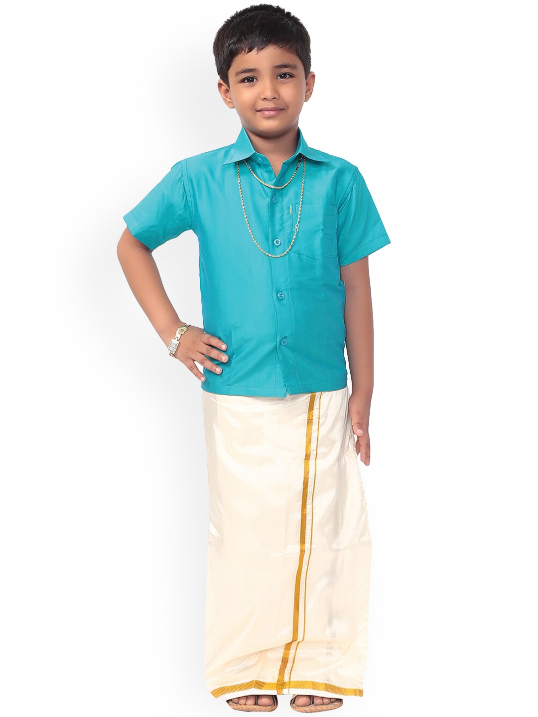 

Thala-thalapathy Boys Blue Solid Shirt with Veshti & Gift Set