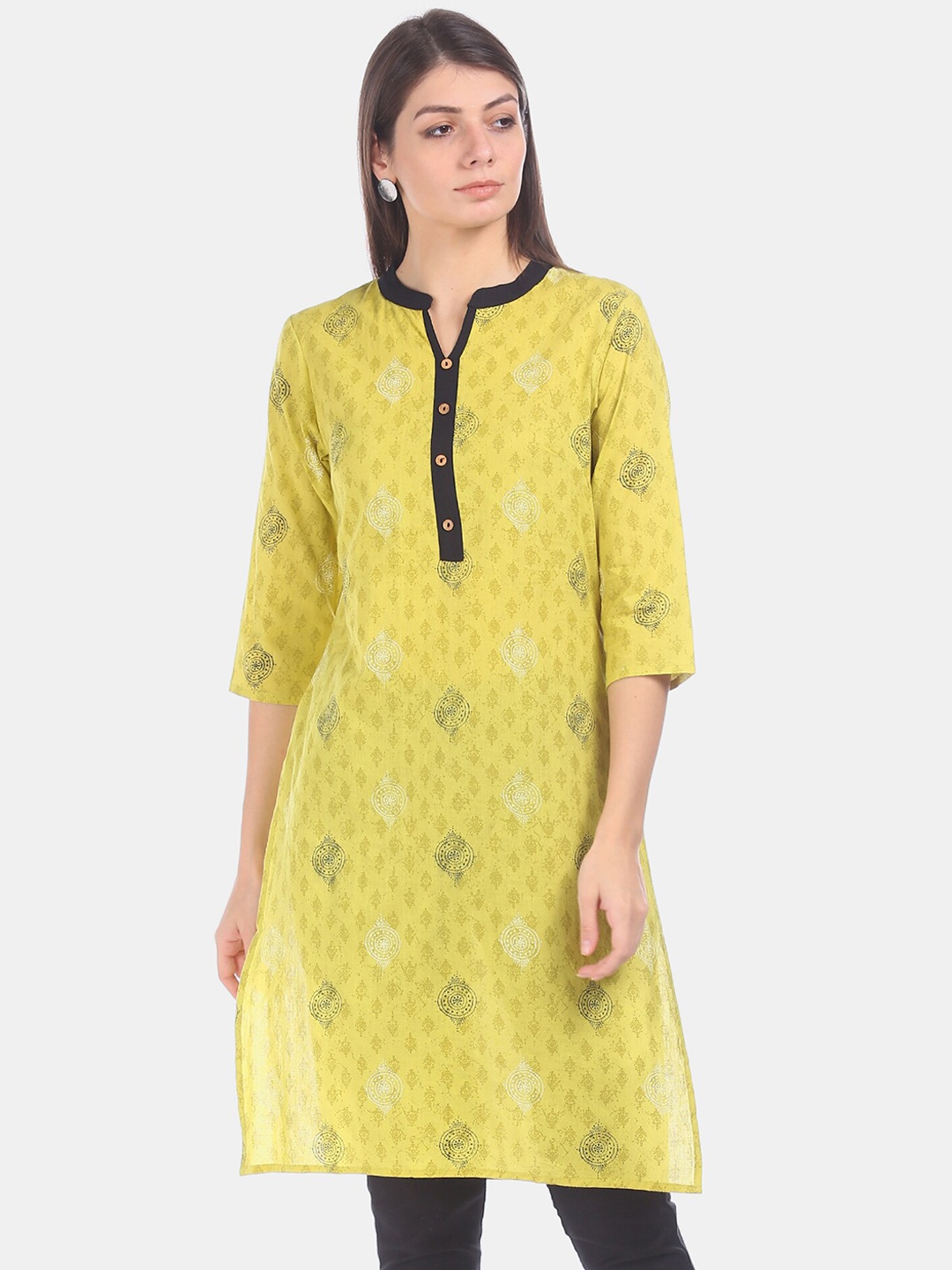 

Karigari Women Lime Green & Grey Printed Straight Kurta