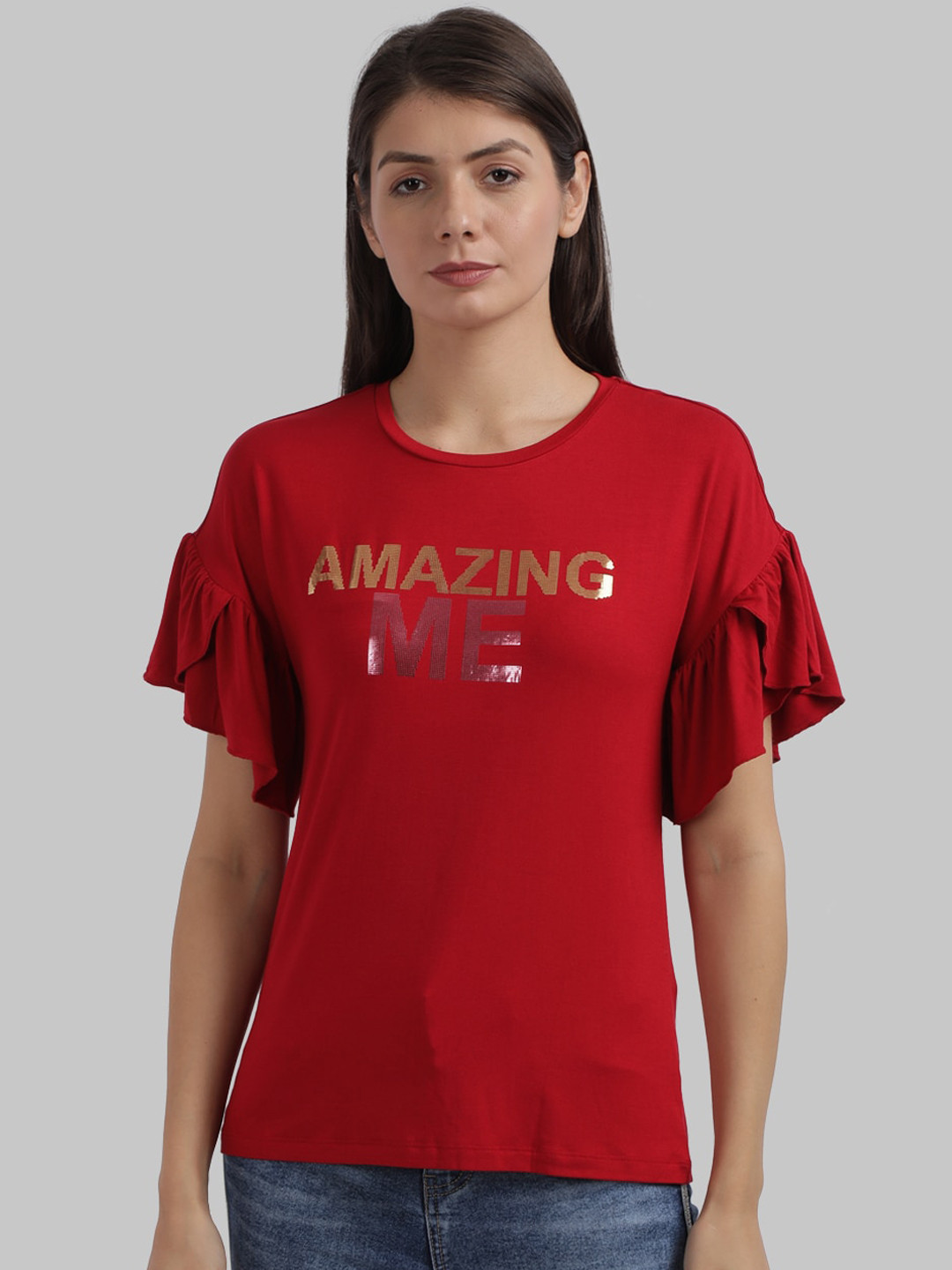 

Parx Women Red Printed Round Neck T-shirt