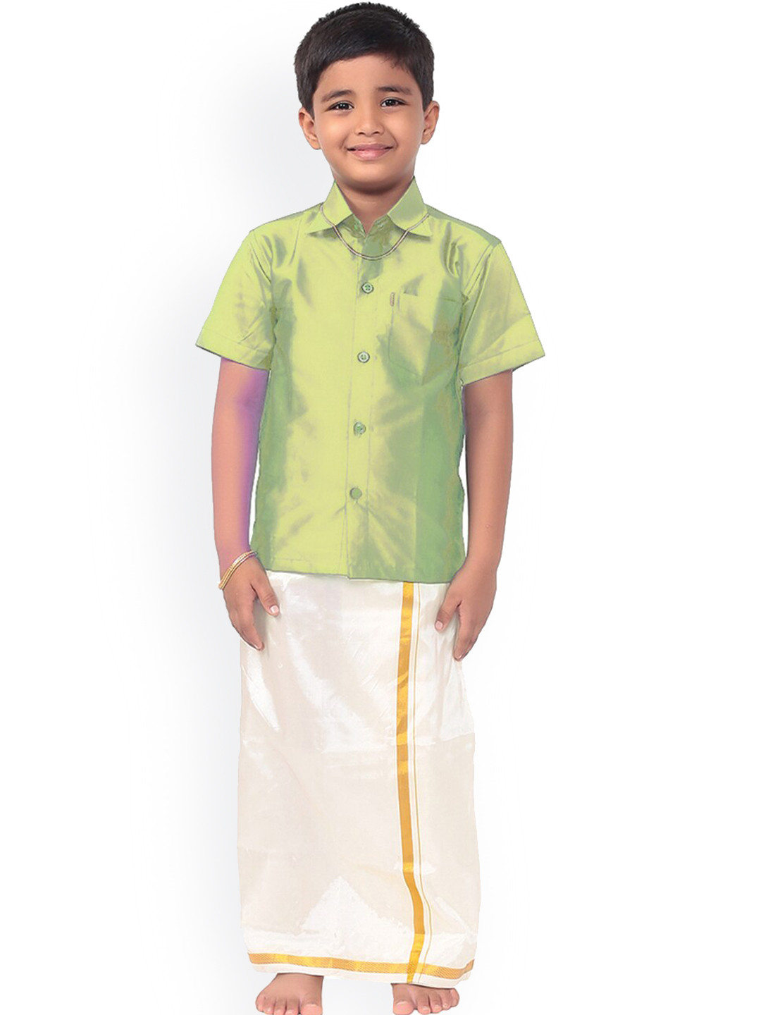 

Thangamagan Boys Green & White Solid Shirt and Veshti