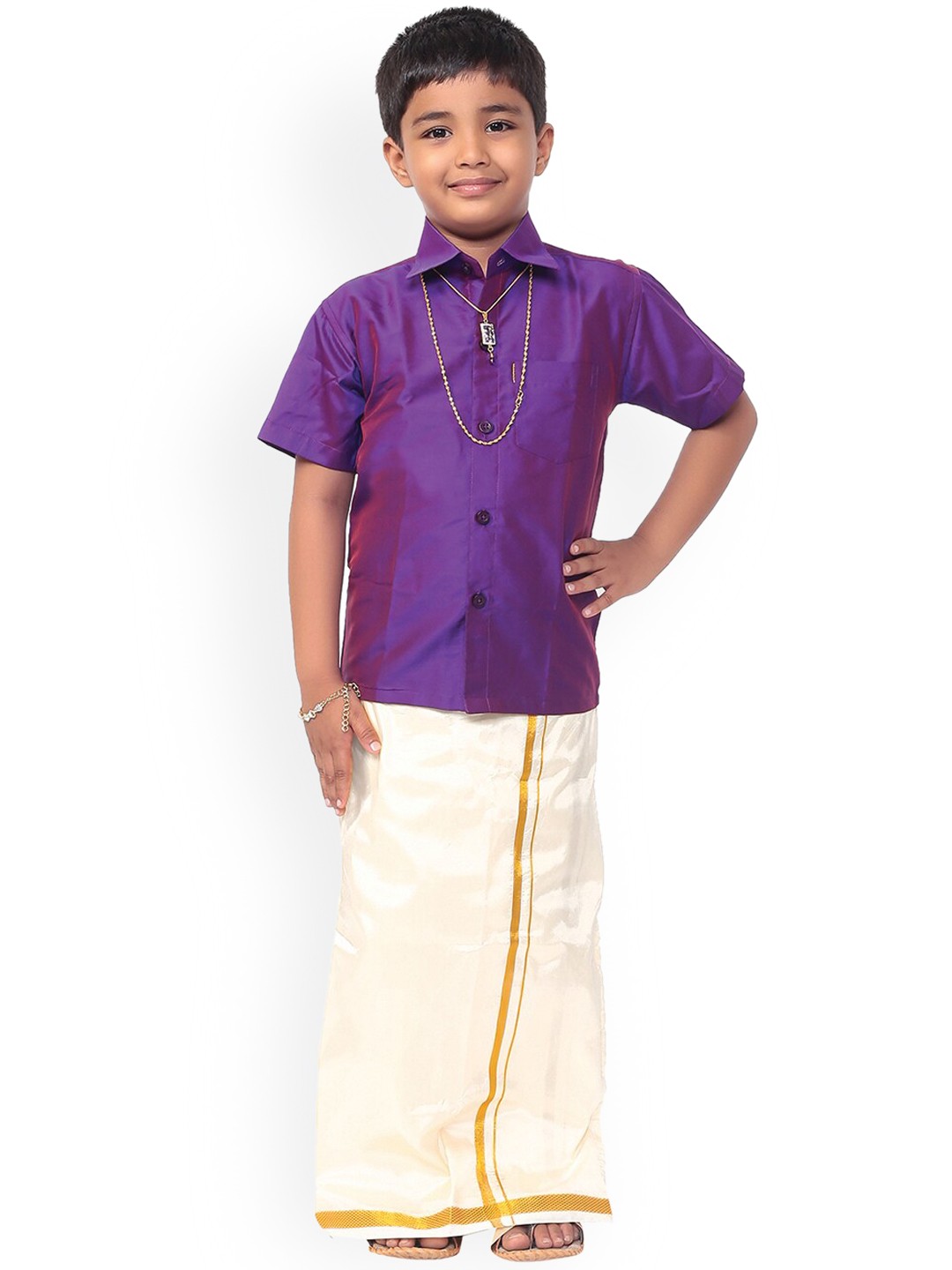 Thala-thalapathy Boys Purple & Off-White Solid Shirt with Veshti & Gift Set