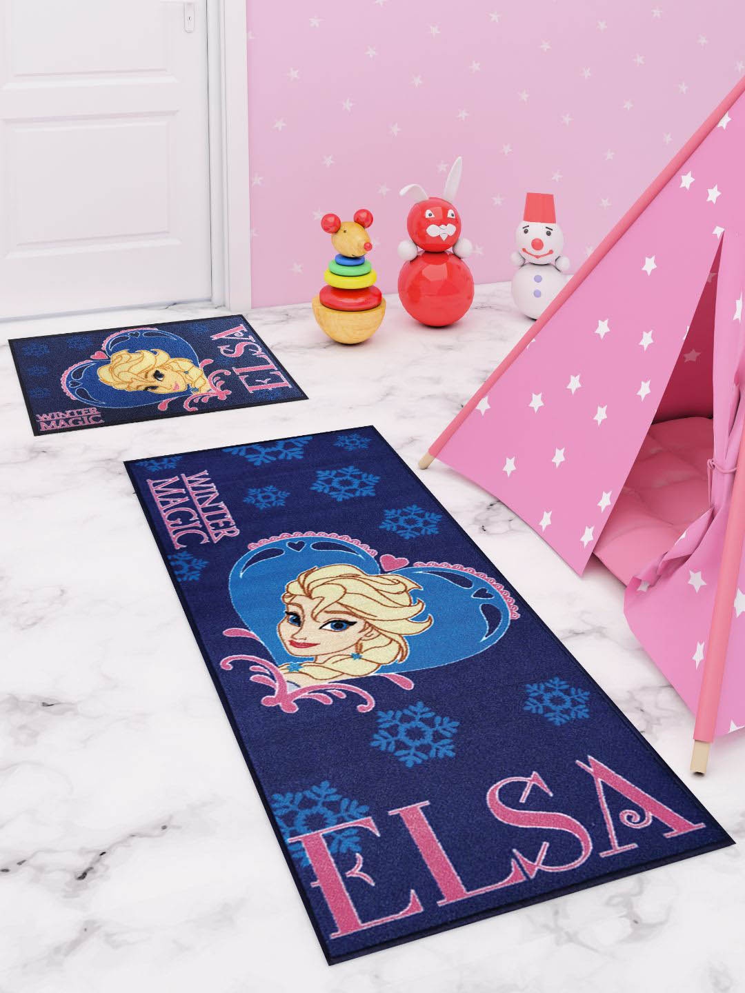 Disney Set Of 2 Blue & Pink Elsa Printed Premium Runner Carpet & Doormat