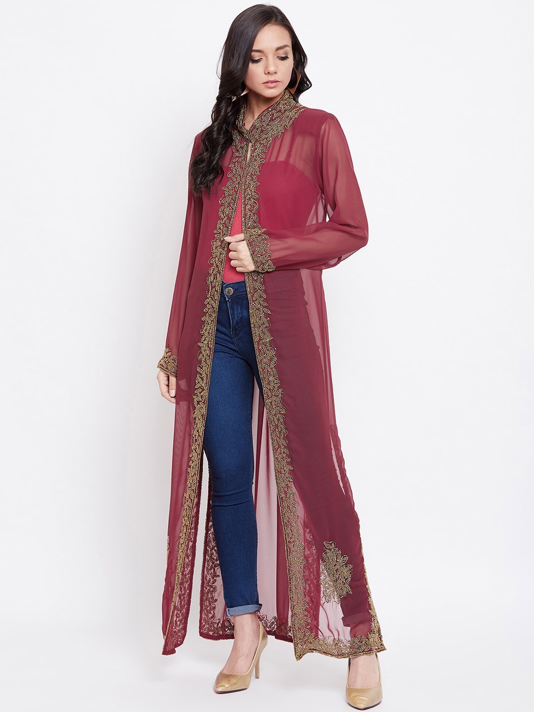 

LE BOURGEOIS Women Maroon & Gold-Coloured Embellished Longline Open Front Shrug