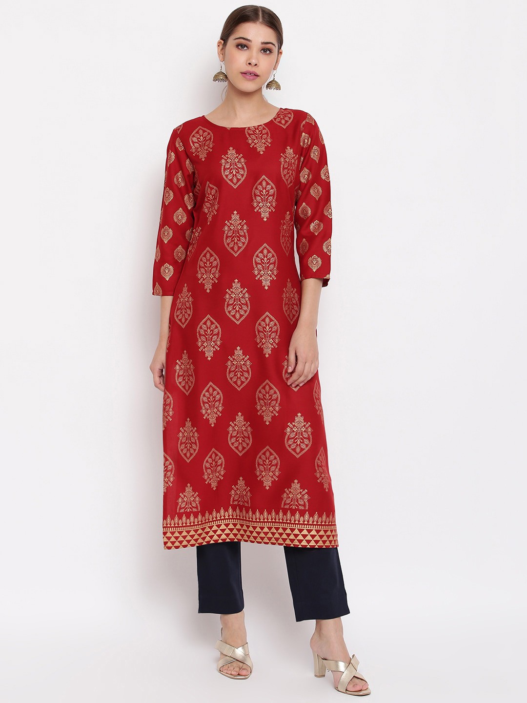 

Janasya Women Maroon & Gold-Toned Printed A-Line Kurta