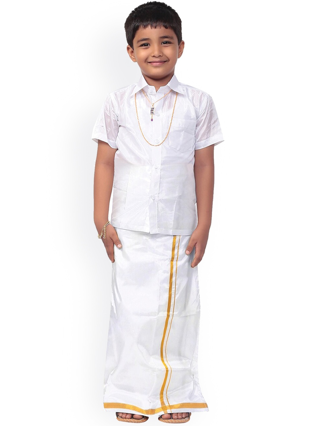 

Thala-thalapathy Boys White Solid Shirt with Veshti & Gift