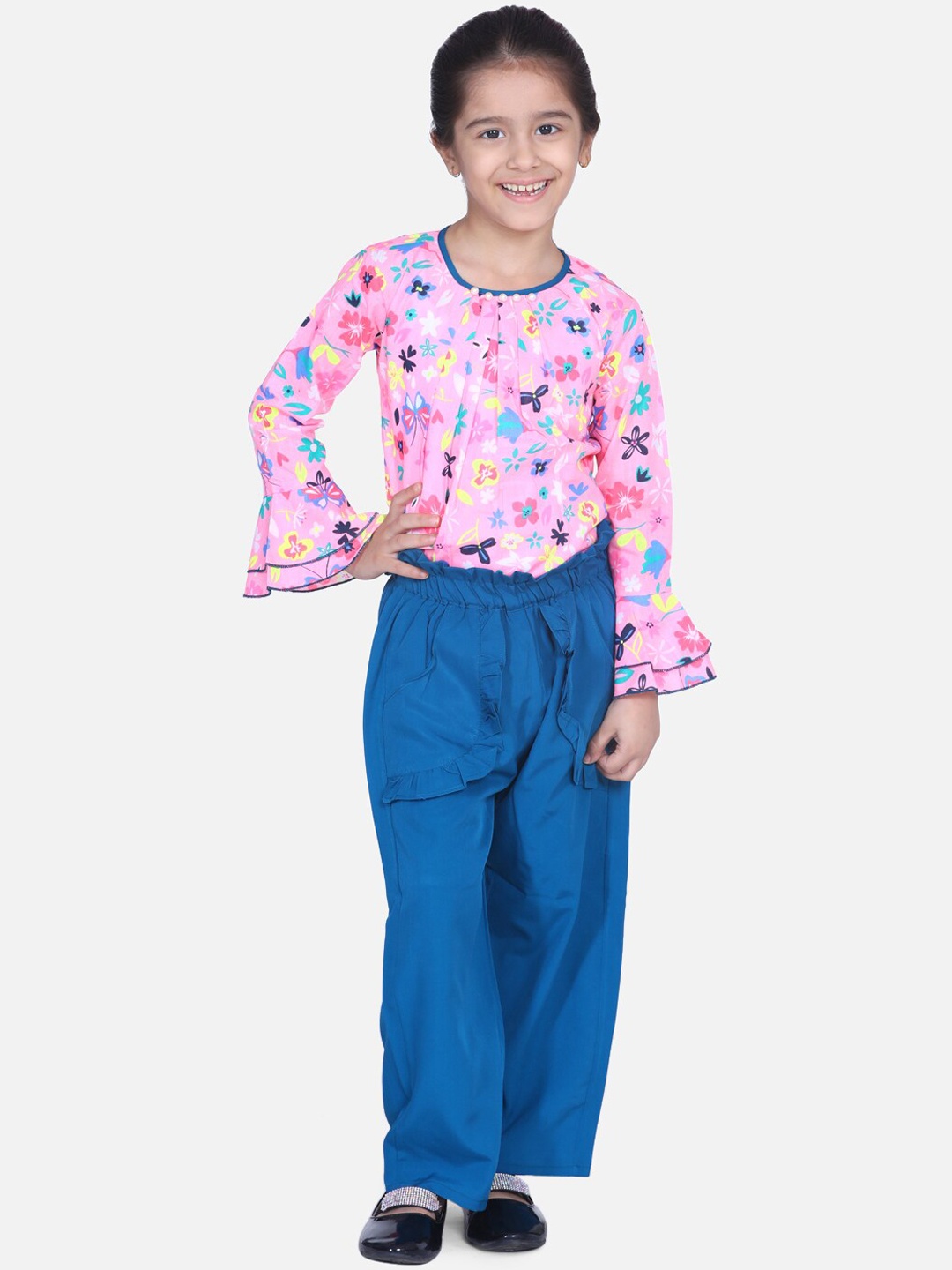 

Cutiekins Girls Pink & Blue Printed Top with Solid Palazzos