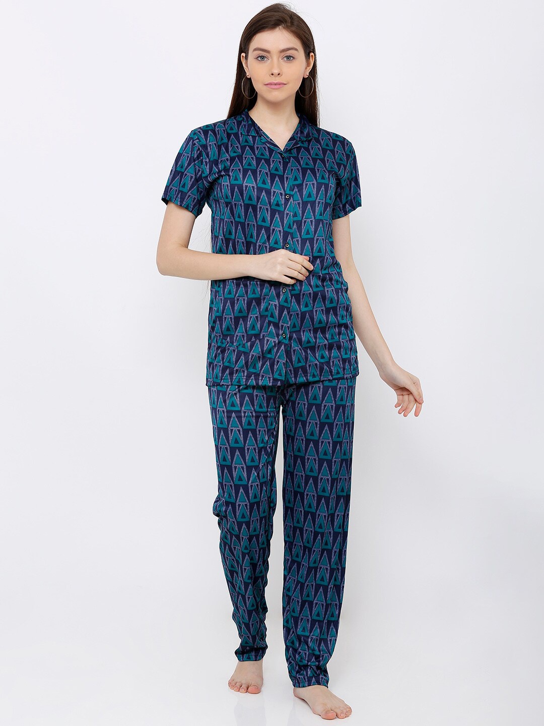 

Pretty Awesome Women Blue Printed Sustainable Night Suit