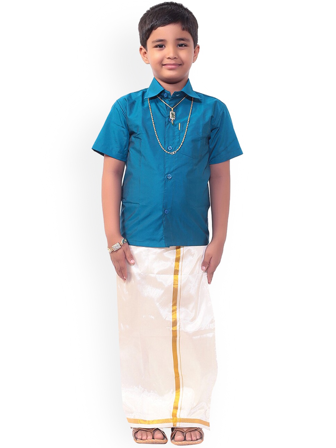 Thangamagan Boys Blue & White Solid Shirt and Veshti