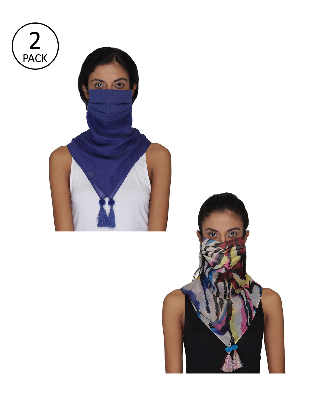 

Anekaant Women Pack Of 2 Printed 3-Ply Reusable Scarf Style Masks, Blue