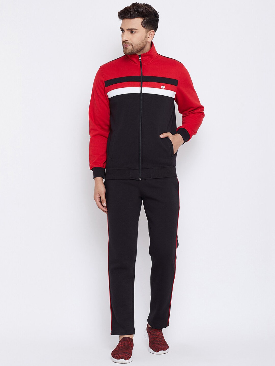 

Bishop Cotton Men Red & Black Colourblocked Track Suit