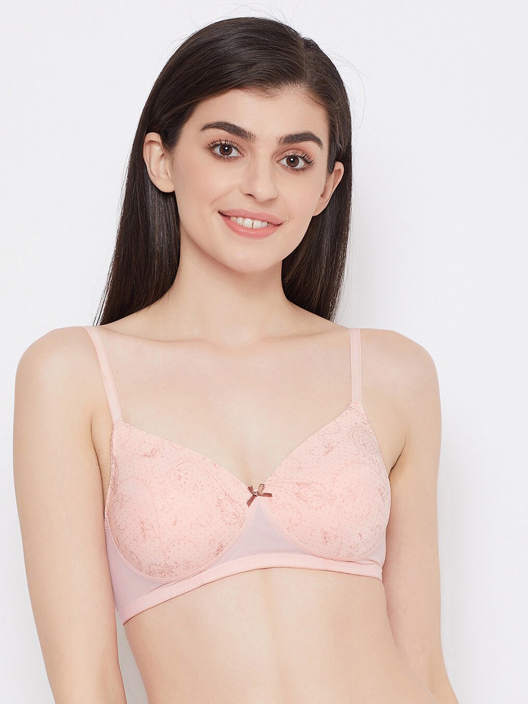 

Clovia Women Peach-Coloured Printed Lightly Padded Non-Wired T-Shirt Bra BR1866X22
